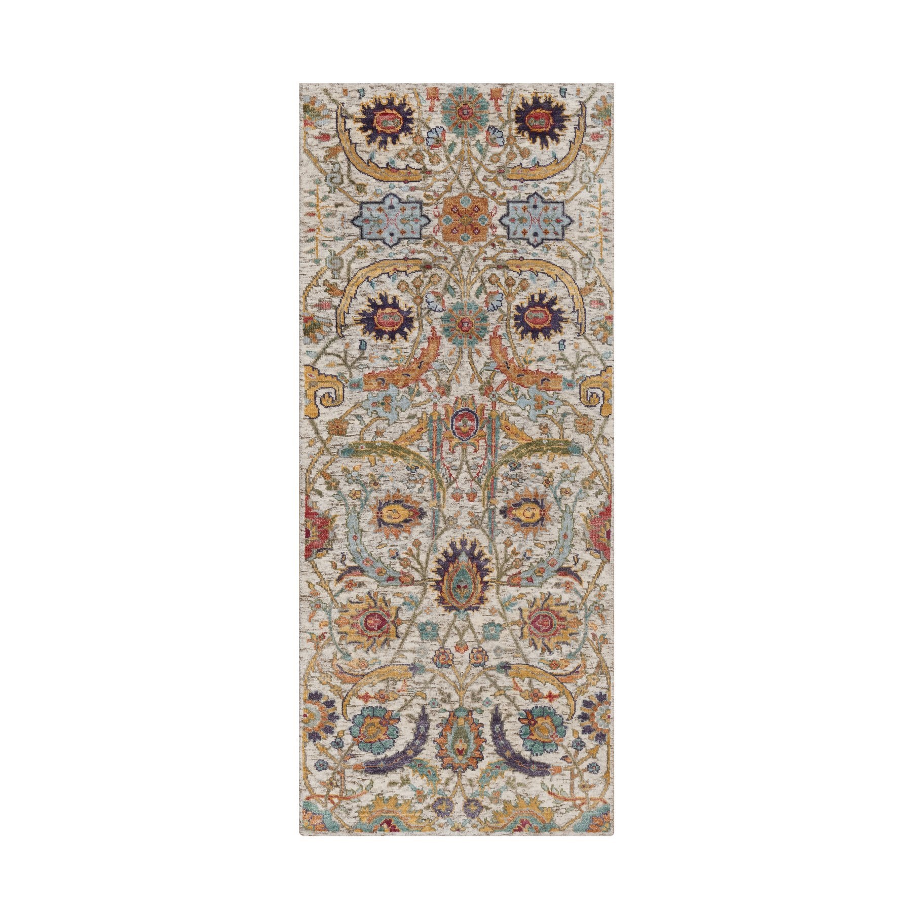 2'5"x6' Ivory and Brown, Hand Knotted, Silk with Textured Wool, Colorful Sickle Leaf Design, Runner, Oriental Rug 